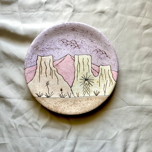 Southwestern Pastel With Gold Inlay Mountains Wall Plate | Hand Painted Pottery | 80s Pink Decor | Southwestern Decor |Vintage Wall Plate