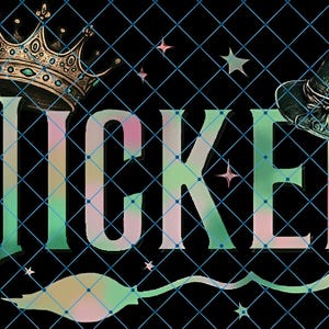 May include: A digital graphic with the word "WICKED" in a gradient of colours, featuring a crown, witch hat, and stars on a black background. The design is overlaid with a blue grid pattern, creating a whimsical and magical theme.