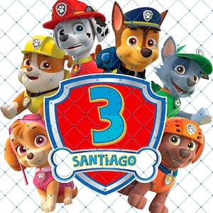 May include: A colorful graphic featuring the Paw Patrol characters. The image includes the number 3, the name "Santiago", and the Paw Patrol logo. The characters are depicted in their uniforms and are set against a white background.