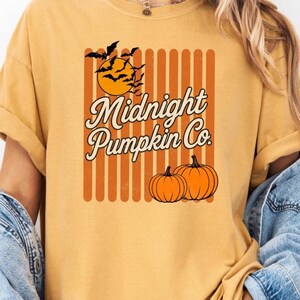 Midnight Pumpkin Co Graphic Tee, Pumpkin Patch Fall Shirt, Preppy Striped Halloween T-Shirt, Cute Fall Festival Gift