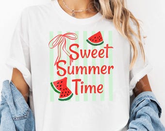 Koszulka „Sweet Summer Time”, grafika z arbuzem, pastelowy top w paski, retro koszulka dla dzieci na plażę, uroczy wiosenny wzór, elegancka, letnia ilustracja