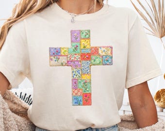 Koszula z kolorowym, imitującym krzyżem patchworkowym, luźna, wiosenna koszulka, bluza z kwiatowym wzorem mozaikowym, koszulka z motywem wiary chrześcijańskiej, młodzieżowa bluzka