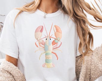 Koszula z imitacją patchworku z homarem, luźna koszulka w stylu marynarskim, bluza z nadrukiem w stylu plażowym
