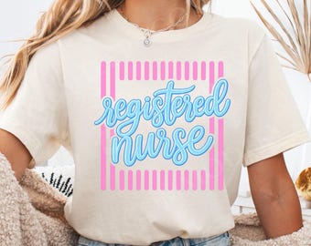 Koszulka i bluza dla pielęgniarki dyplomowanej, uroczy pastelowy T-shirt medyczny w paski, prezent dla pracownika służby zdrowia, pielęgniarka w stylu preppy, letnia atmosfera