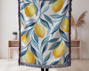 Lemon Pattern Woven Blanket, Tropical Fruit Throw, Cozy Summer Vibe, Gift for Her, Mother's Day
