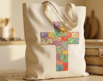 Floral Faux Patchwork Cross Cotton Canvas Tote Bag