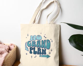 No Grand Plan tote bag, retro bubble lettering, blue typography, gift for her
