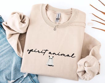 Sudadera de fantasma adorable para Halloween, camiseta de gato negro como animal espiritual, sudadera minimalista de cuello redondo para la temporada de Halloween, regalo de temporada