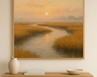 Low Country Marsh Sunrise Wall Art, Coastal Marsh Landscape Print, Serene Sunrise Creek Painting, Neutral Coastal Decor
