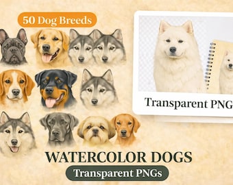 Watercolor Dog Clipart Bundle | 50 Hand-Painted Breeds PNG | Commercial Use Digital Download