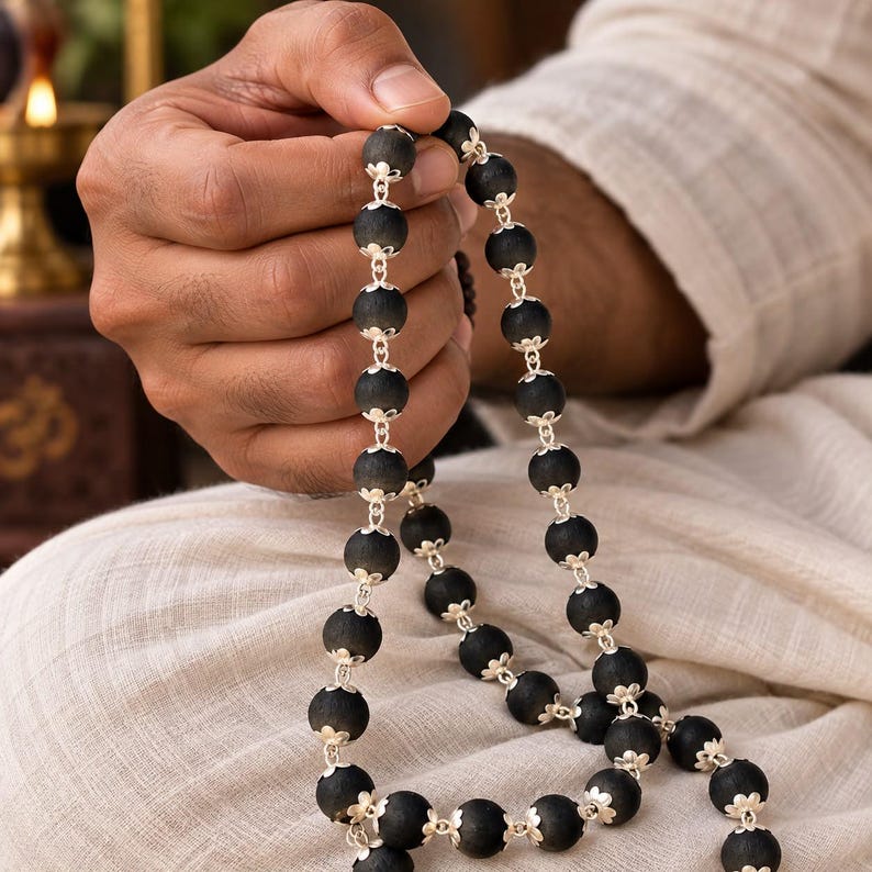 May include: A string of prayer beads featuring matte black spherical beads, each separated by intricate silver-toned metal caps. The beads are linked together in a continuous chain, showcasing a contrast between the dark, textured spheres and the bright, polished metallic accents throughout the design.