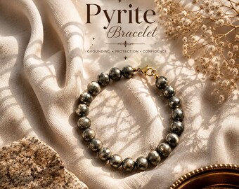 Natural Pyrite Gemstone Bracelet | Confidence, Protection, Grounding Crystal Jewelry