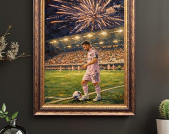 Lionel Messi Oil Painting Poster – Inter Miami Night Match Art Print | Football Wall Art | Soccer Legend Decor