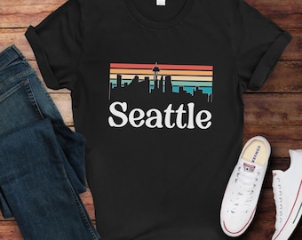 Colorful Seattle Skyline Shirt, Retro 1970's Style Seattle Washington T-shirt, Seattle Downtown Skyline T-Shirt, Tourist Souvenir Gift Shirt