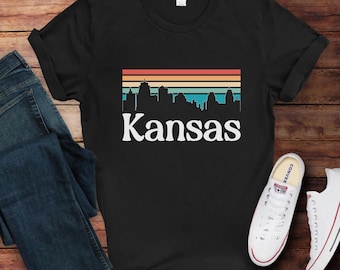 Colorful Kansas City Skyline Shirt, Retro 1970's Style Kansas T-shirt, Kansas City Downtown Skyline T-Shirt, Tourist Souvenir Gift Shirt