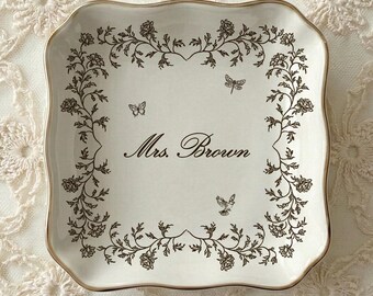 Custom Mrs. Ring Dish Personalized Ceramic Toile De Jouy Jewelry Tray Wedding Gift for Bride