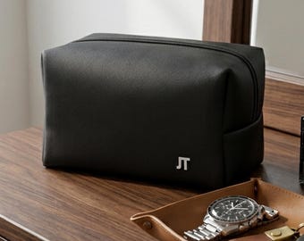Mens PU Leather Toiletry Bag Gift for Husband Under 30 Personalized Initials Washbag Minimalist Travel Pouch