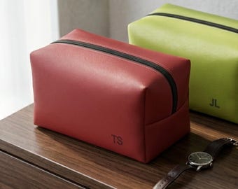 Mens Toiletry Bag Gift for Fiance Under 25 Custom Initial PU Leather Travel Pouch