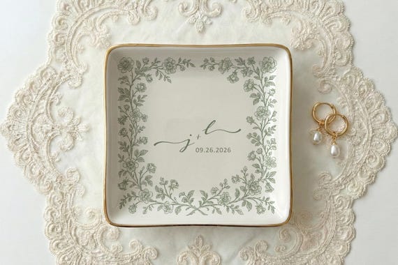 Toile De Jouy Custom Initial Ring Dish Anniversary Gift for Mom