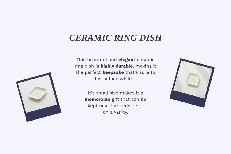 May include: A white ceramic ring dish with a square shape, displayed on a white background within a dark blue frame. The text "CERAMIC RING DISH" is above the image. The dish is a keepsake.