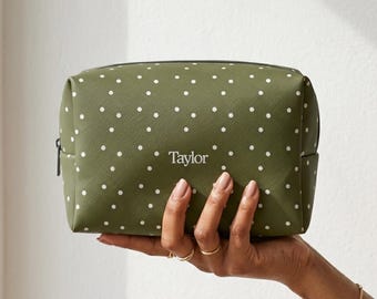 Polka Dot Makeup Bag Gift for Babysitter Personalized PU Leather Name Toiletry Bag