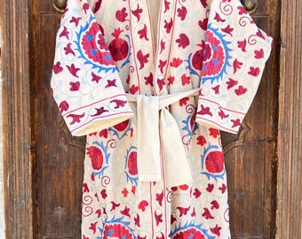 Abrigo Suzani bordado a mano, túnica uzbeka de granada y girasol