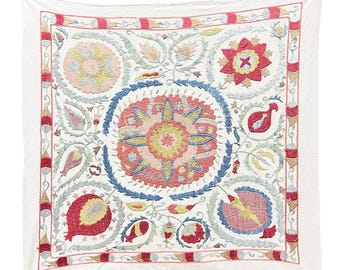 Handmade Silk Suzani Wall Hanging, Uzbek Pomegranate Floral Embroidery (19x19 inch)