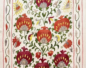Orange & Red Pomegranate Embroidery Suzani Throw, Uzbek Classic Suzani, Wallmural ( 33’ x 20’ inch )