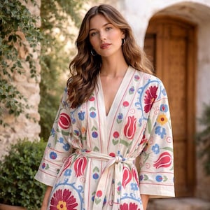 Hand Embroidered Suzani Coat, Red Tulip Floral Pattern, Oversized Ethnic Robe