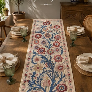 Uzbek Classic Long Suzani Table Runner, Pomegranate Flowers Embroidery, 76’ x 18’ inch Suzani