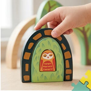 Set di costruzioni in legno Forest Tunnels - Gioco di incastro Montessori a 4 pezzi - Tunnel con animali del bosco per auto e treni - Legno di caucciù ecologico per la cameretta dei bambini