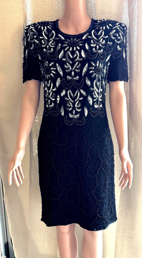 Vintage Night Vogue Beaded Silk Dress | 1980s Art Deco Cocktail Dress, Size Small