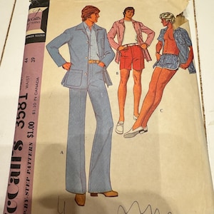 May include: Vintage McCall's 3581 sewing pattern featuring illustrations of men's patio jacket, pants, walking shorts, and swim trunks. The pattern includes a measurement guide and the text "Maker Tested". The pattern is for waist sizes 39 and 44.