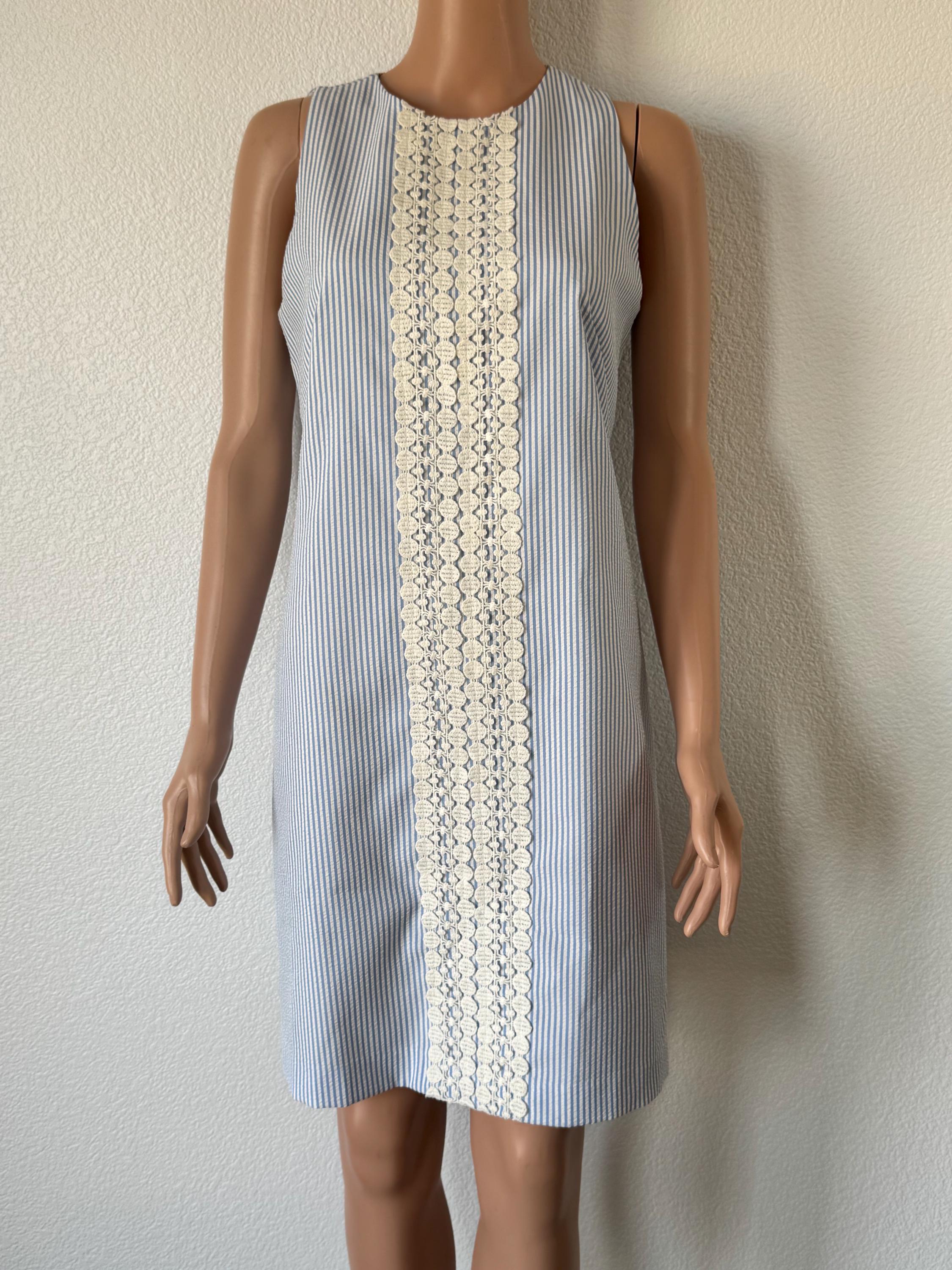 blue white seersucker dress Vintage Stripe With Lace Panel – Coastal Cottagecore Sundress BPBBUY Blue Prom Dresses, Open Color:Mustard Womens blue seersucker stripe
