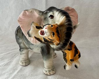 Vintage Mid-century Ceramic Tiger Family – Mama Tiger With Cubs on