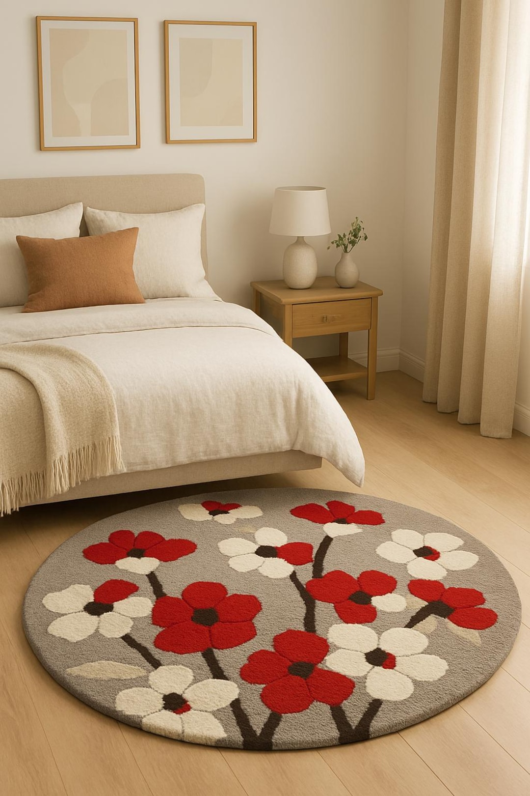 Hand-tufted Round Floral Rug | Red & Cream Blossoms - Etsy
