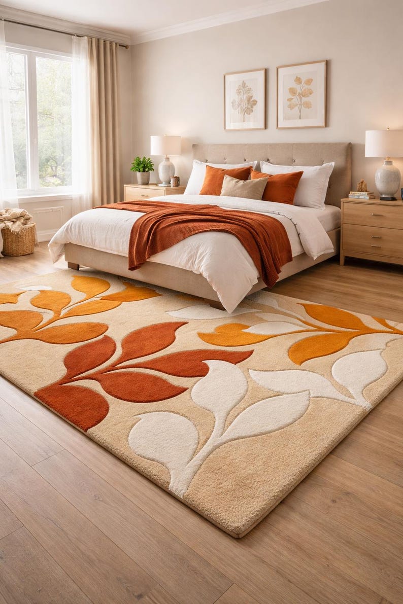 May include: A bedroom scene featuring a beige rug with a leaf design in orange and white. The rug is in front of a bed with white linens and orange pillows and throw. The room has light-colored walls and wooden furniture.