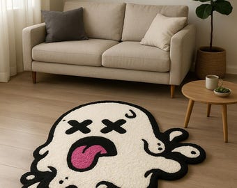 Ghost Rug with Tongue Out | Hand-Tufted Cartoon Rug for Bedroom or Studio
