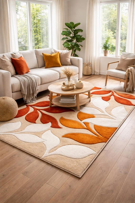 Hand Tufted Leaf Pattern Rug – Modern Floral Design in Beige, Orange & Rust
