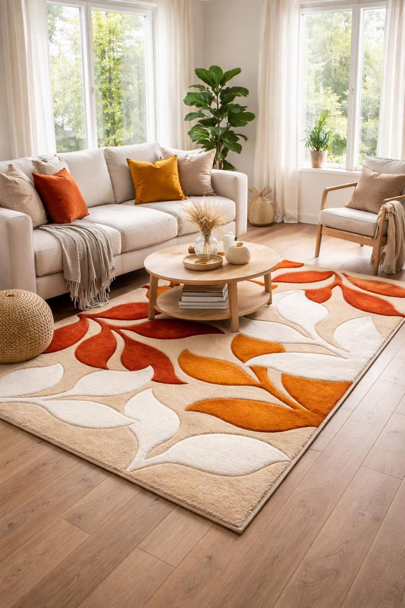 May include: Beige area rug with a leaf design in shades of orange and white. The rug is placed in a living room with a white sofa, wooden coffee table, and a chair. The room has large windows and natural light.