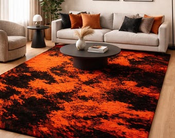 Hand-Tufted Abstract Area Rug – Orange & Black Modern Carpet