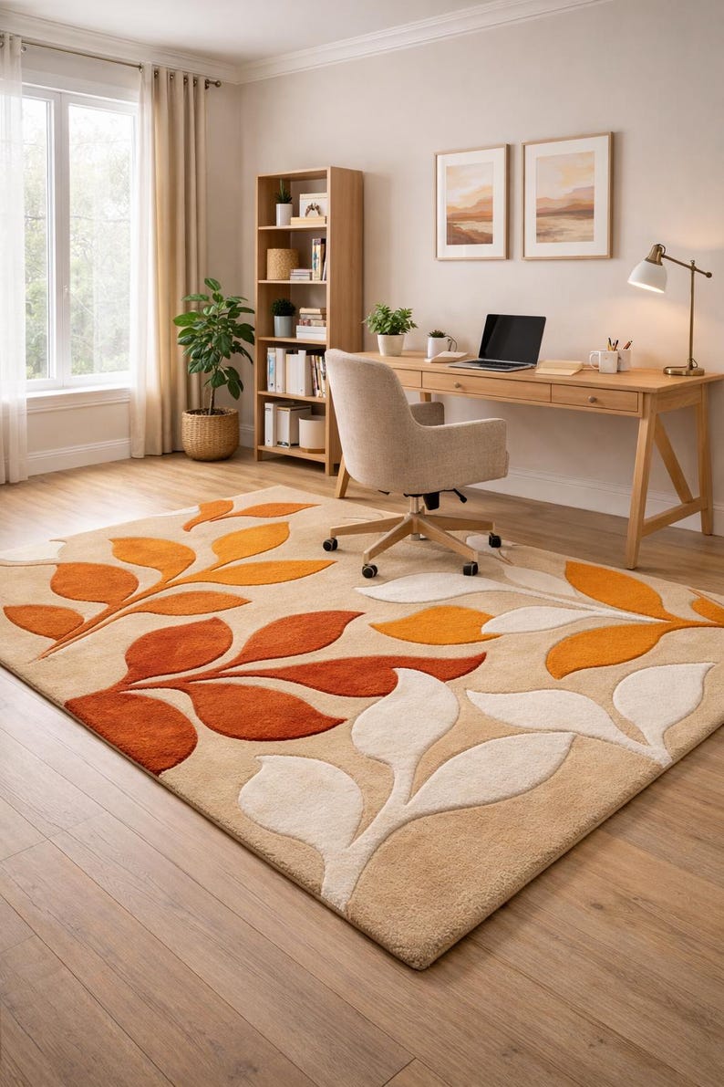 May include: Beige area rug with a leaf design in shades of orange and white. The rug is in a home office setting with a wooden desk, chair, and bookshelf. The room has a window with beige curtains.