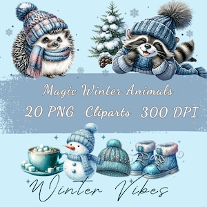 Könnte beinhalten: Digitale Illustration mit Wintertieren, darunter ein Igel und ein Waschbär, die Mützen und Schals tragen. Ein Schneemann, heiße Schokolade, eine Mütze und Stiefel sind ebenfalls abgebildet. Der Text lautet "Magic Winter Animals" und "Winter Vibes".