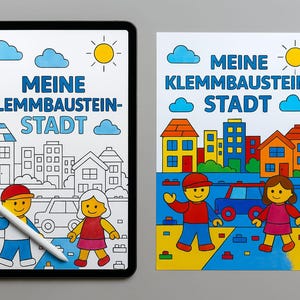 Puede incluir: Un dibujo digital de una escena de ciudad en una tableta, con las palabras "MEINE KLEMMBAUSTEIN-STADT" y un dibujo de una escena de ciudad en papel. Los marcadores de colores están al lado del papel. El dibujo presenta personajes de dibujos animados, coches, casas y el sol.
