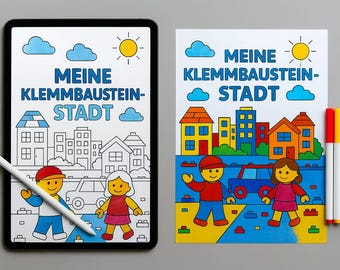 Może przedstawiać: Cyfrowy rysunek sceny miejskiej na tablecie, ze słowami "MEINE KLEMMBAUSTEIN-STADT" i rysunkiem sceny miejskiej na papierze. Kolorowe markery znajdują się obok papieru. Rysunek przedstawia postaci z kreskówek, samochody, domy i słońce.