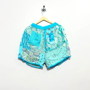 Women’s Patchwork Shorts, Boho Hippie Shorts, Turquoise Rayon Shorts, Colorful Festival Shorts, Elastic Waist Summer Shorts, Beach Shorts