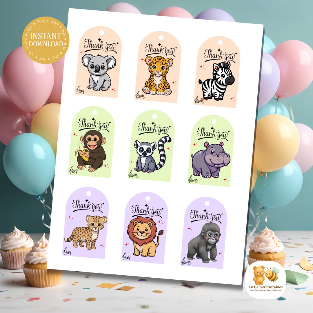 Safari Animal Thank You Gift Tags Printable, Jungle Birthday Party ...