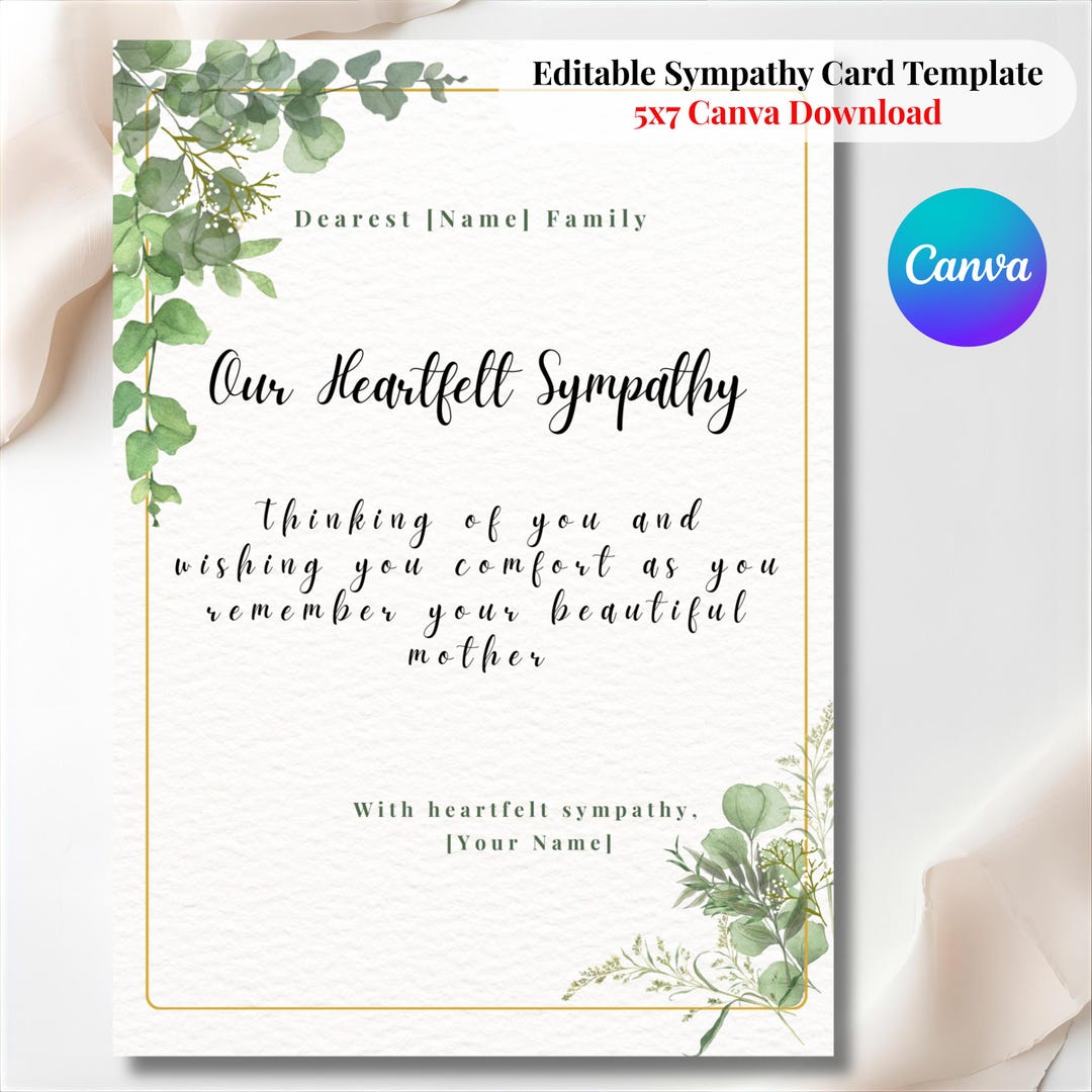 Editable Sympathy Card Template for Mother Loss | Greenery Condolence ...