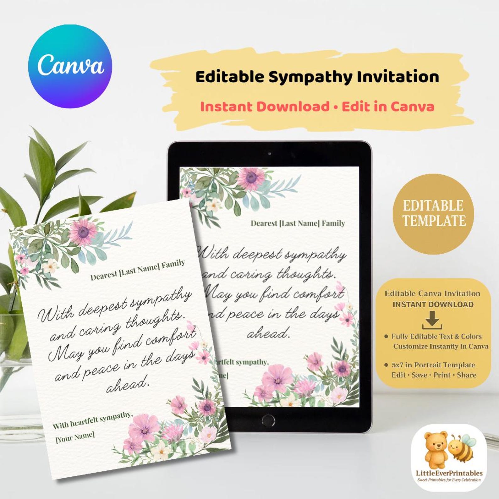 Editable Sympathy Card Template | Floral Condolence Card Canva ...