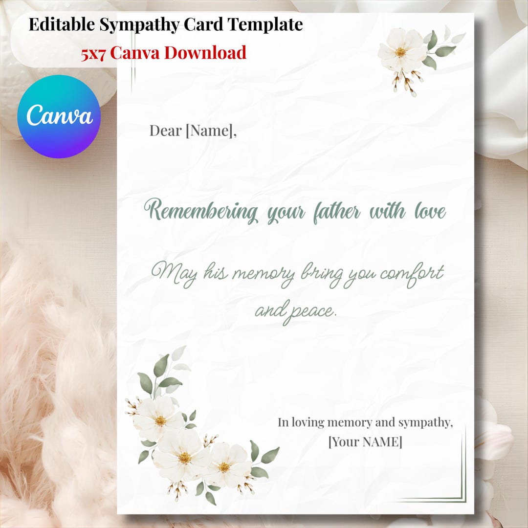 Editable Sympathy Card Template Loss of Father | Printable Condolence ...
